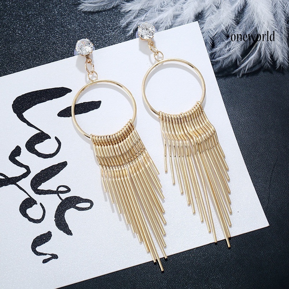 OW@ Fashion Women Zircon Tassel Anti Allergy Metal Long Earrings Statement Jewelry