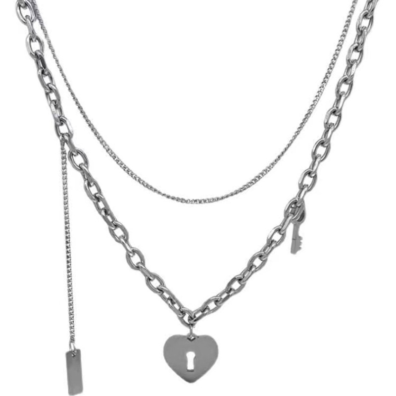 Kalung Rantai Klavikula Lapisan Ganda Desain Kunci Hati Gaya Korea Hip Hop Untuk Wanita