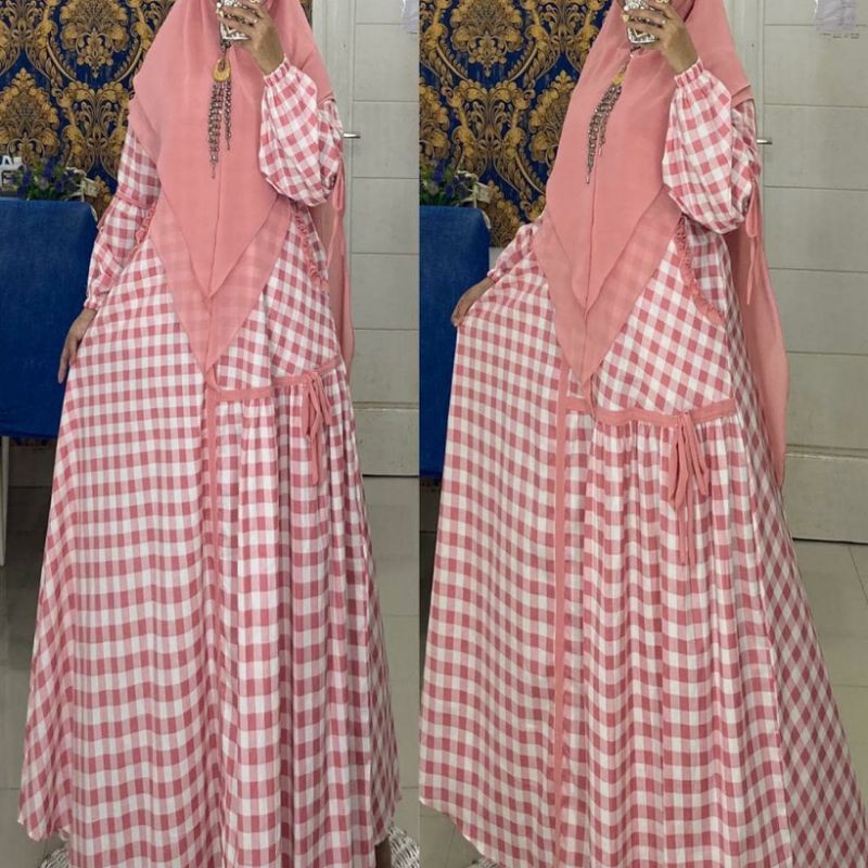 Gamis set syari tartan list pita