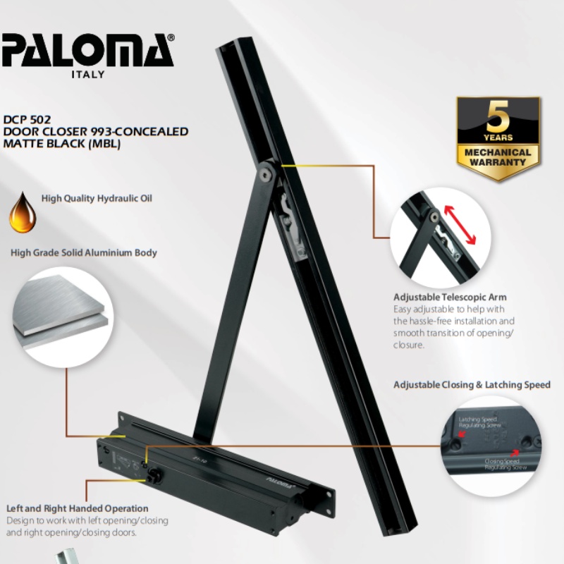 DOOR CLOSER PALOMA 993 CONCEALED HITAM DCP 502 PENUTUP PINTU OTOMATIS BLACK MATTE