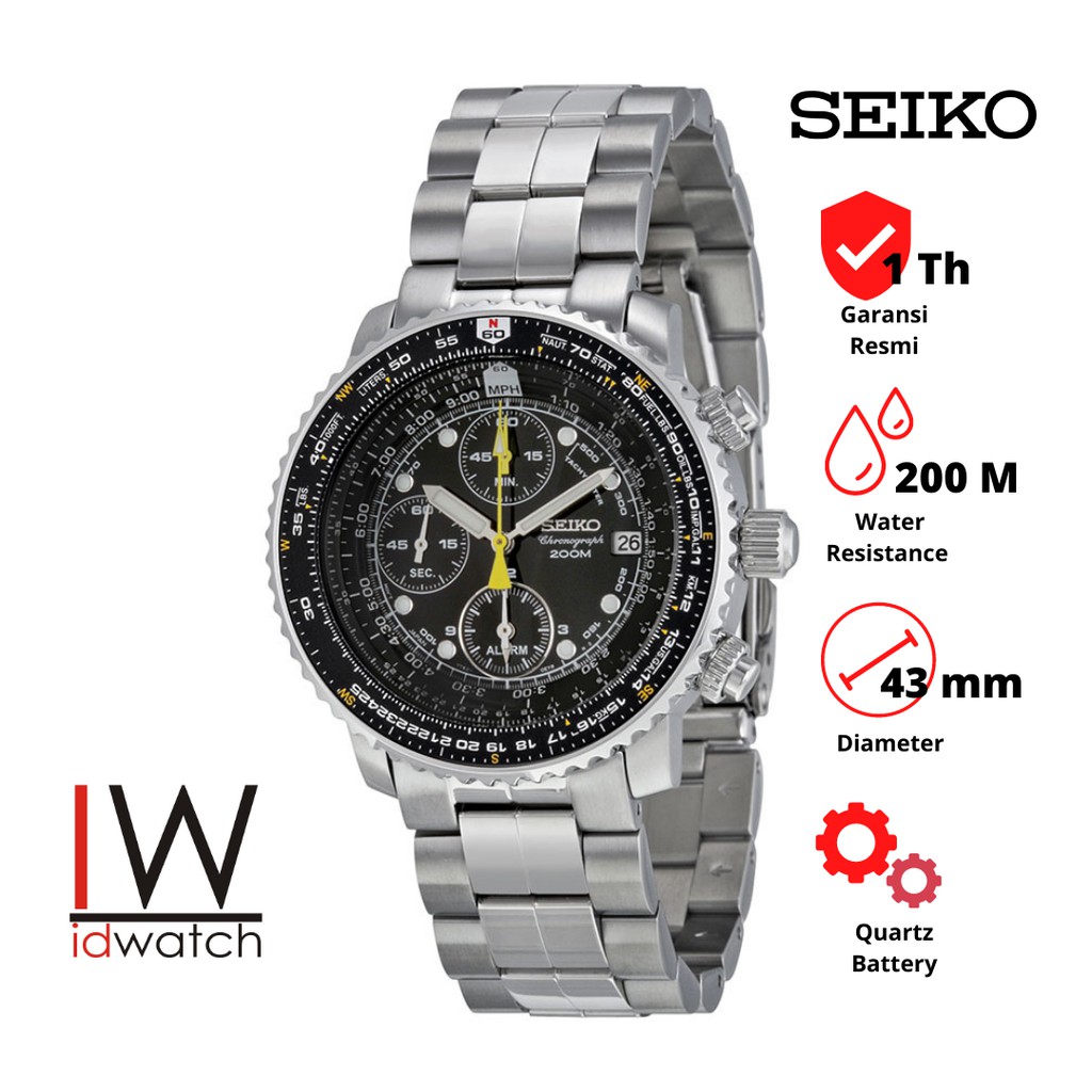 Seiko SNA411P1 Flightmaster Pilot Alarm Chronograph Jam Tangan Pria Original SNA411 Strap Stainless