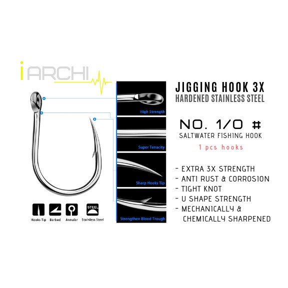 1 JIGGING HOOK 1/0 # SS 3x JIG 1 0 kail pancing laut salwater