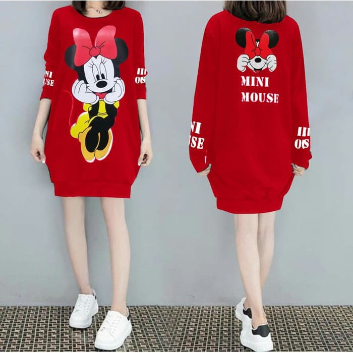 Off Shoulder Dress Wanita Korea Panjang Lengan Ruffle Chiffon Overall  DRES MINI MOUSE MERAH [ 88DBV