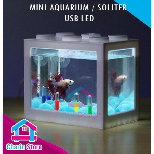 Aquarium Mini Akuarium Soliter Wadah Ikan Laga Aduan Cupang Lego LED USB Minimalis Unik