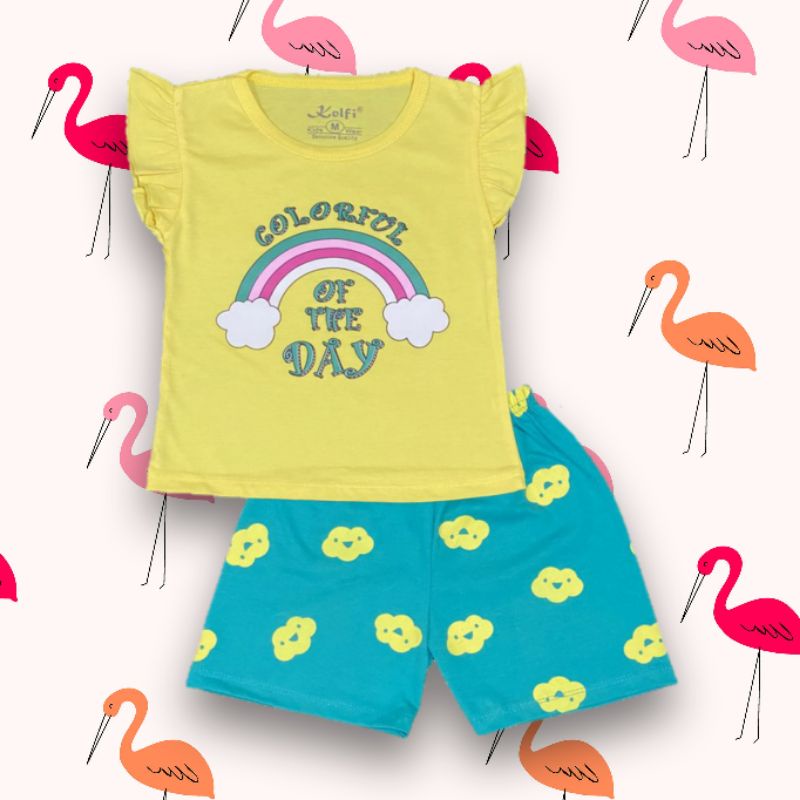 SETELAN ANAK PEREMPUAN STELAN ANAK PEREMPUAN SETELAN BAJU PEREMPUAN SETELAN ANAK CEWEK RUFLE KELFI-Set rufle kuning