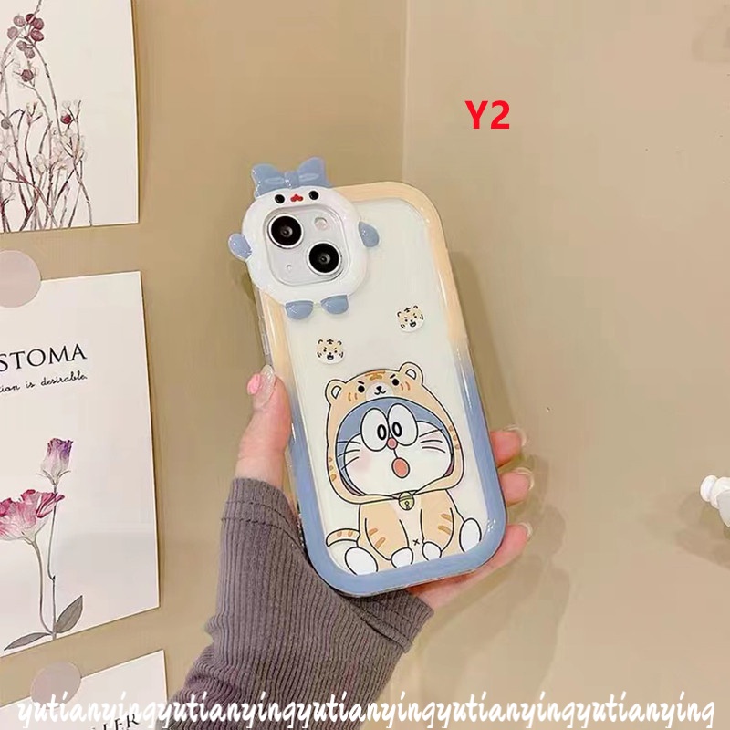 Kartun Doraemon Couple Case Oppo A17 A15 A54 A57 2022 A55 A3s A7 A5s A12 A53 A33 A76 A96 A17K Reno 4F 5F 5 7 A74 A95 A16K A52 A16 A5 A9 A31 A16s 3D Bow-knot Little Monster Cover