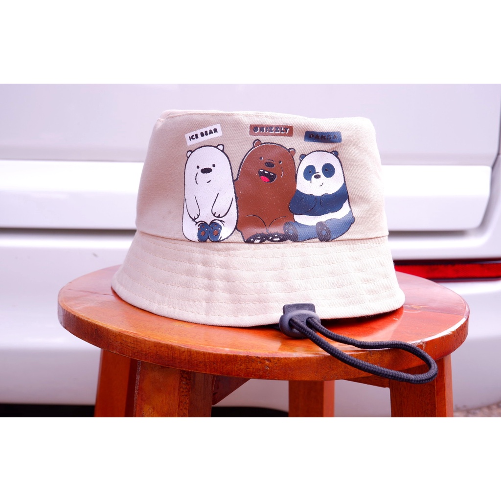 Bucket Anak Tali Sablin  / Topi Bucket Bayi Karakter Bahan American Drill Motif Bear