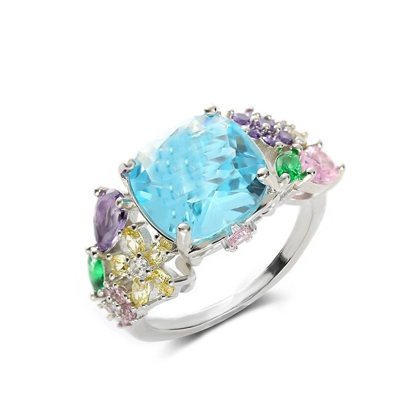 Fashion Inlaid Colorful Gemstone Square Princess Ring