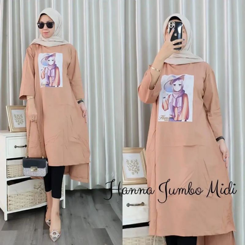 Hanna midi/baju midi wanita muslimah terlaris bahan combed 24s aplikasi sablon