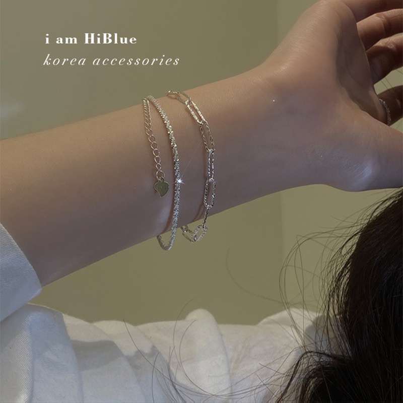 2pcs / Set Gelang Tangan Silver Wanita Desain Hati Ganda Hias Glitter