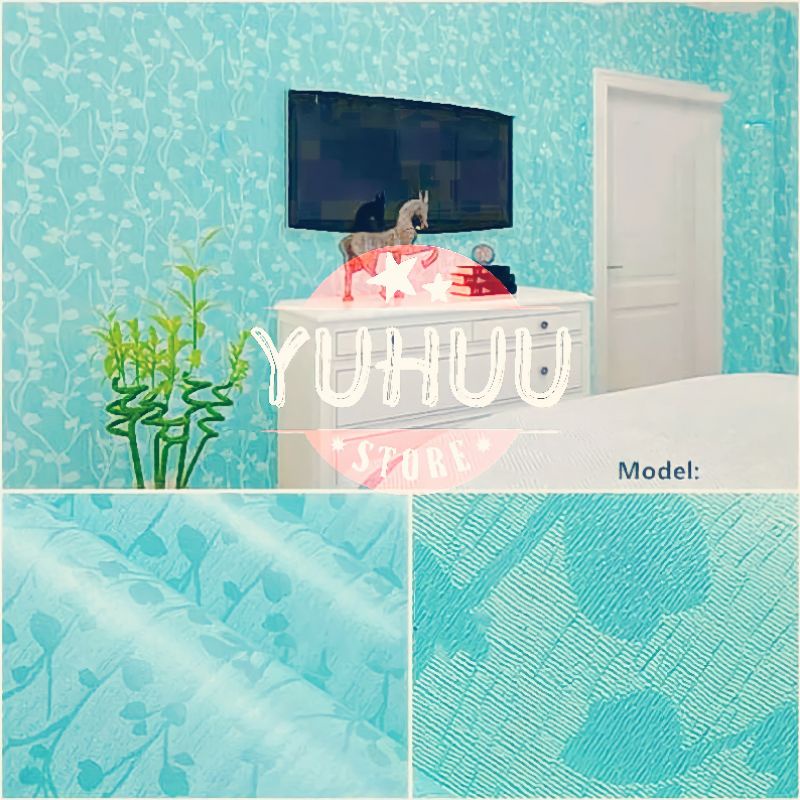 COD ( BAYAR DI TEMPAT ) Wallpaper Sticker Dinding Bertekstur Salur Daun Ungu Pink Putih Cream Biru Abu Hitam Navy Hijau Tosca Kuning Merah Coklat Salur Bunga Batik Batu Bata 3D Kotak Segitiga minimalis Baju Celana Sendal Kaos Gamis Celana Dalam Kosmetik-biru tekstur daun