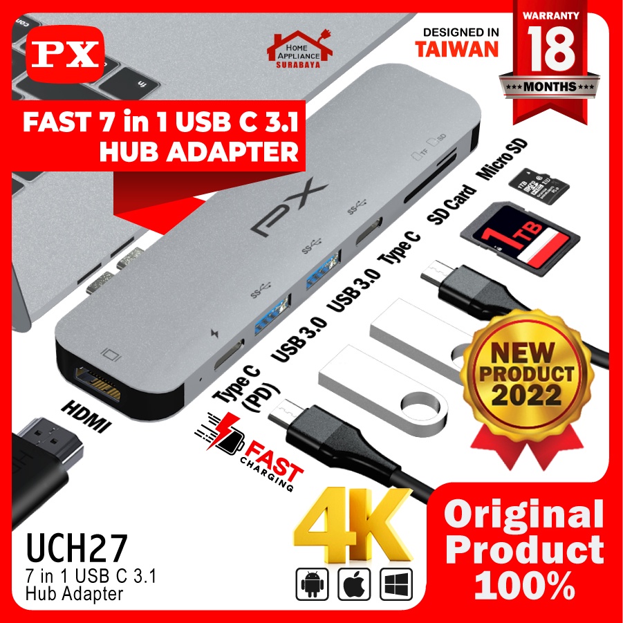 Converter Hub Adapter 7 in 1 Type C 3.1 to HDMI 4K USB PX UCH27