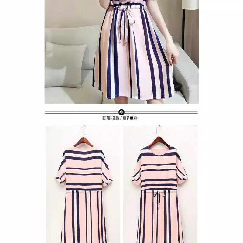 TBI Import Elegant Style Dress M-XXL Stripe Pink Baju Model Korean Style