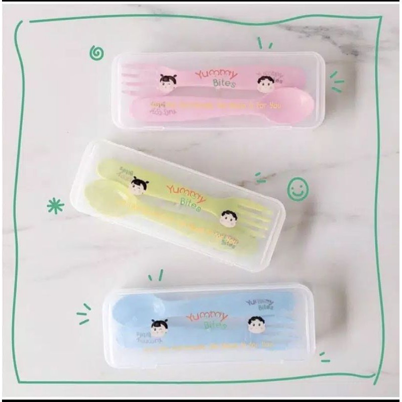 Yummy Bites Baby Spoon Set + Cover Sendok Garpu Anak + Kotak 1 Pasang