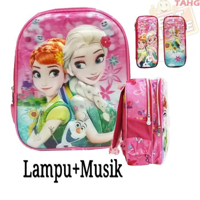 Tas Anak TK Ransel LAMPU + Music Import Frozen 5D+Kotak Pensil