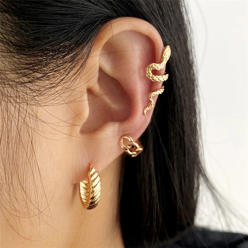 3pcs / Set Anting Stud Desain Ular Gaya Punk Hip Hop Untuk Wanita