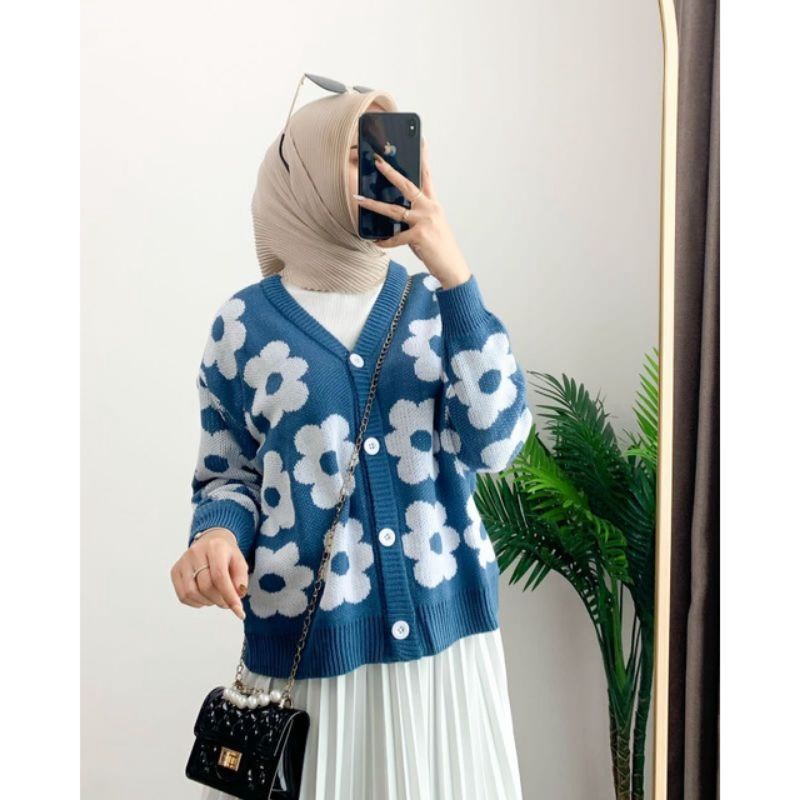 GS061 Cardigan rajut wanita flower urban  crop top premium