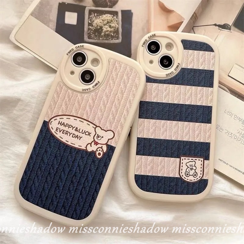 Redmi A1 10 9T 9A 9 10C 9C NFC Mi POCO M3 F4 K40s X3 Pro X3 NFC Redmi Note10 8 9 9s 10s 11Pro 11 11s 9Pro 10Pro Max Kartun Beruang Lucu Rajut Stripe Splicing Pattern Cover