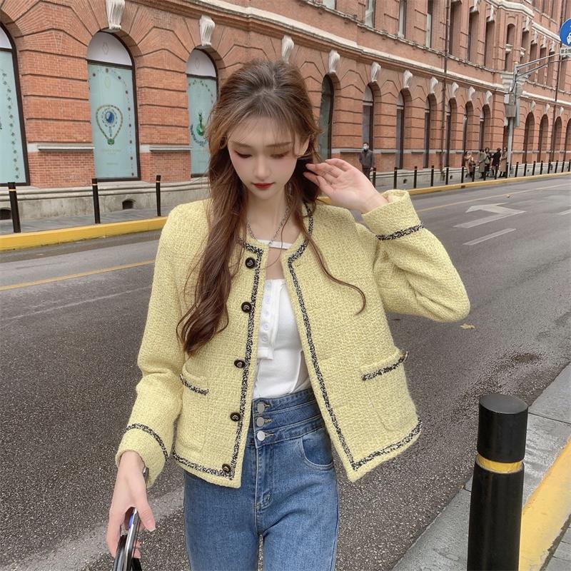 jaket korean style wanita yellow small tweed short coat spring French retro lady style