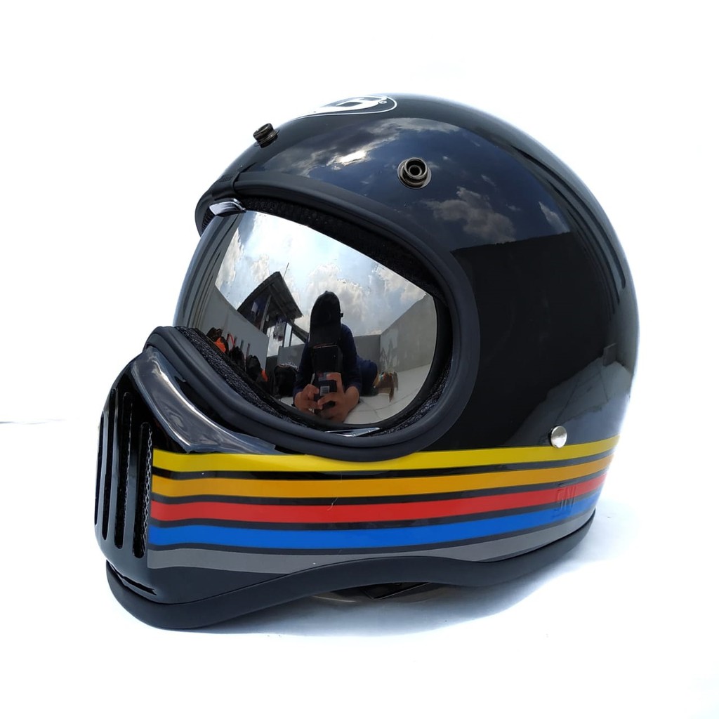 Helm Cakil HBC Strip Black Glossy + Inner Visor ( Fullface / Retro / Klasik / Vespa )