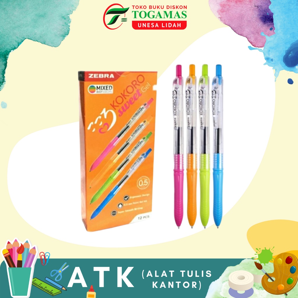 

BEST SELLER !! PROMO !! BALLPEN PULPEN BOLPOINT KOKORO GEL 0.5MM KOKORO SWEET COLORED ZEBRA HITAM BOX/PACK 12PCS
