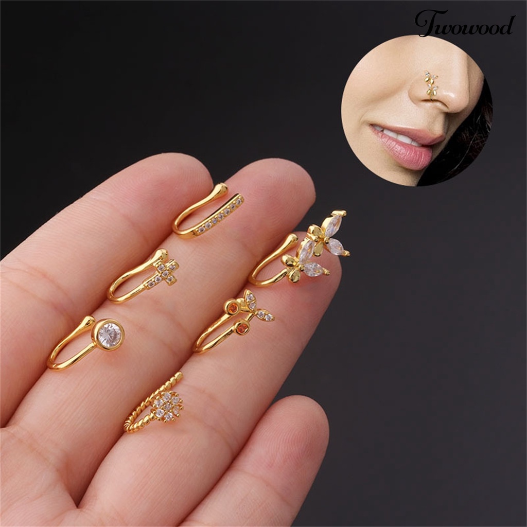 Twowood Nose Piercing Clip Eye-catching U Shape Copper Cubic Zirconia Multi-style Shiny  Ear Cuffs Nose Stud for Daily Wear