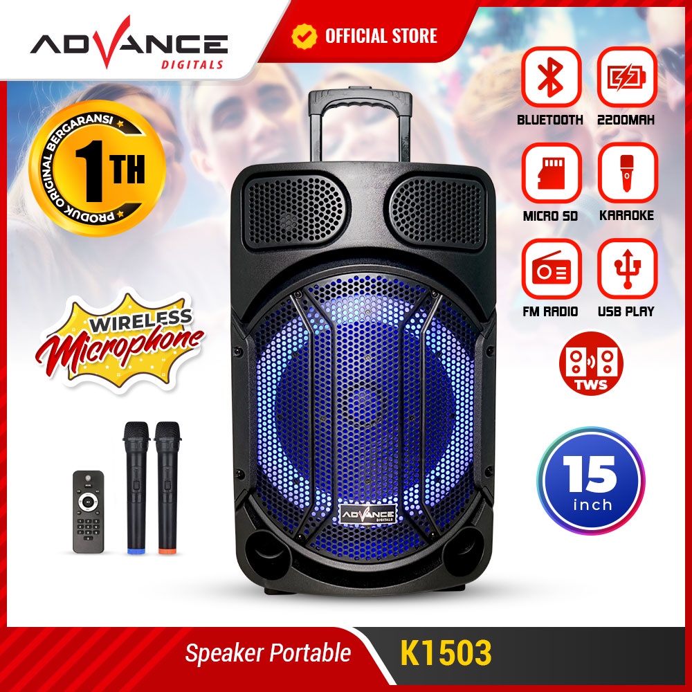 Advance Digitals K1503 Speaker Meeting Bluetooth Salon Aktif 15&quot; Gratis 2 Mic Karoke Batrei Besar RGB Light