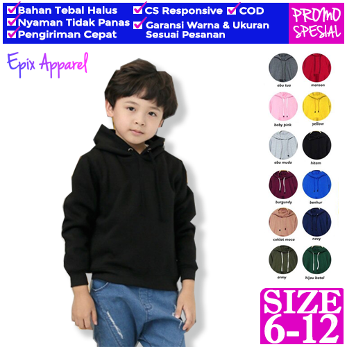 Jaket Hodie Switer Anak Polos Perempuan Laki Laki Cowok Cewek Hitam Umur 4 5 6 7 8 9 10 11 12 Tahun