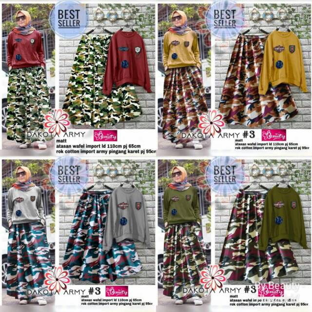 Dakota Atasan Motif Army Wafle Import Rok Cotton Pinggang Karet Ori Beauty