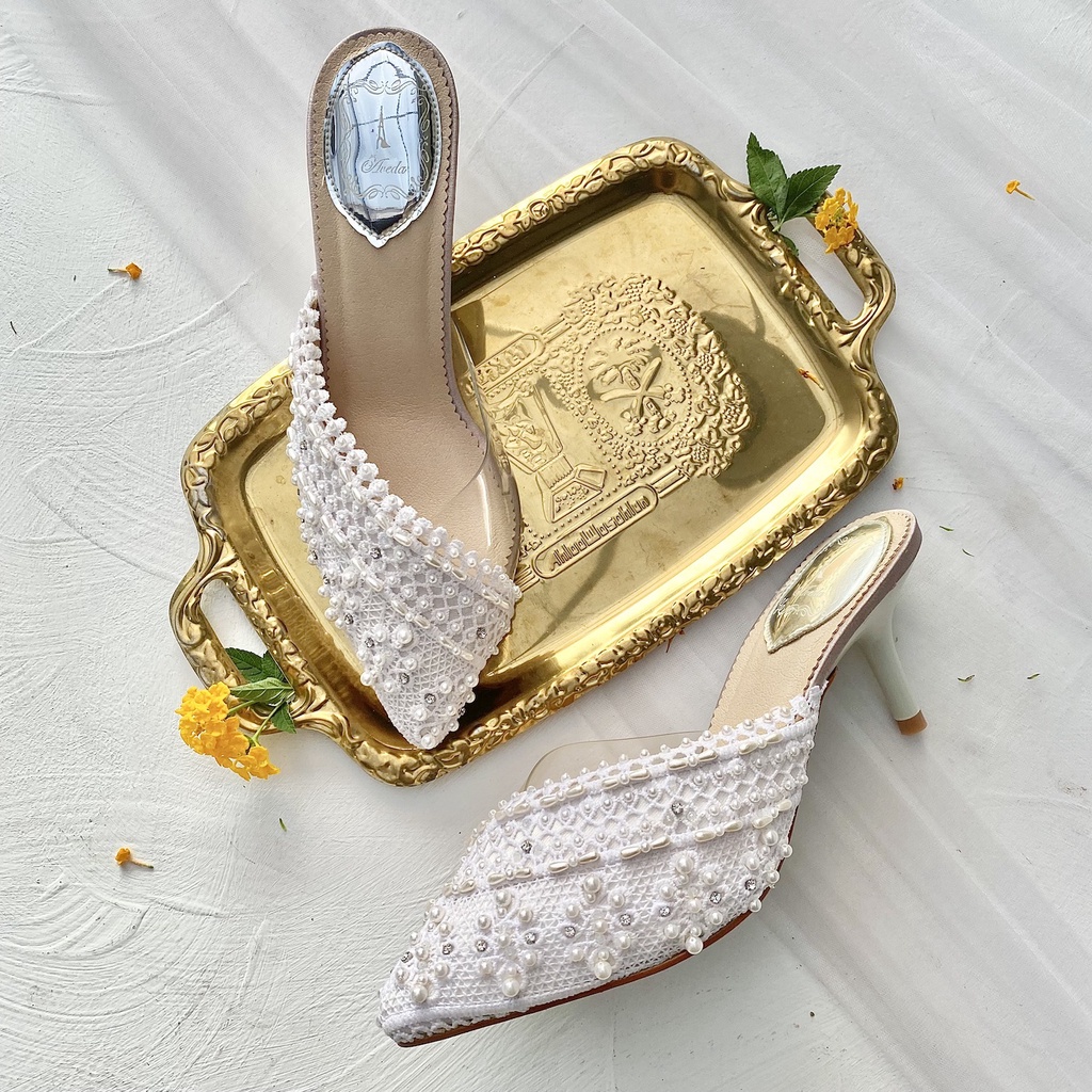 Ivory White Selop Sandal Sepatu Wedding Wanita Stiletto Block Heel AVEDA CU6212 SALE CUCI GUDANG