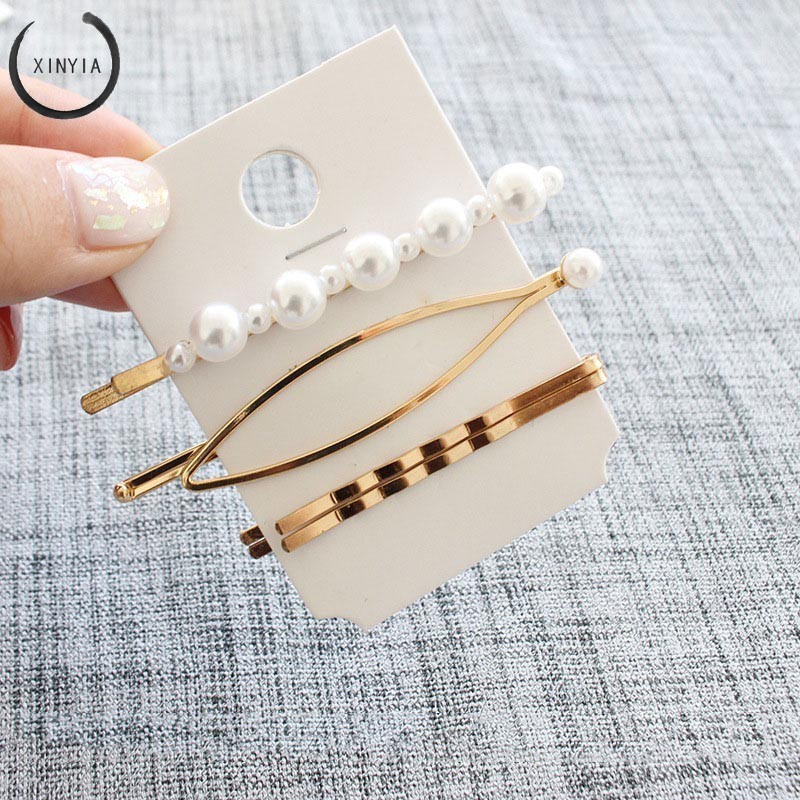 3Pcs Jepit Rambut Model Bobby Pin Bahan Metal + Mutiara untuk Wanita