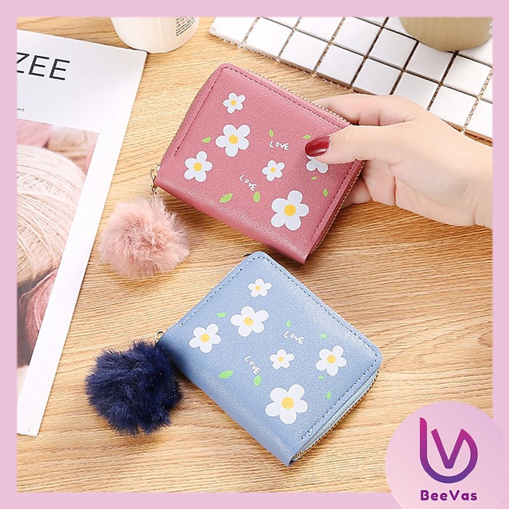 BV.ID DL382 DOMPET WANITA KECIL MOTIF BUNGA DAISY DOMPET KECIL WANITA IMPORT GANTUNGAN BULU COD