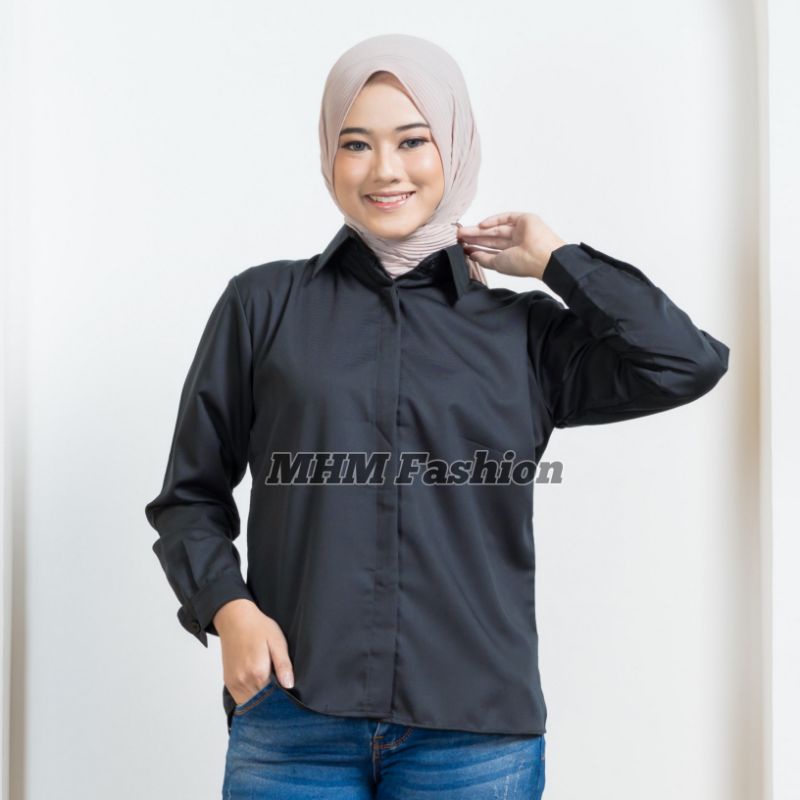 Kemeja Wanita Putih Hitam Marun Navy Army Abu LD 96 LD 100 LD 106 Polos Basic Lengan Panjang Atasan Blouse Casual Kantor Formal shirt Korea Toyobo Murah Adem serap Keringat-Hitam