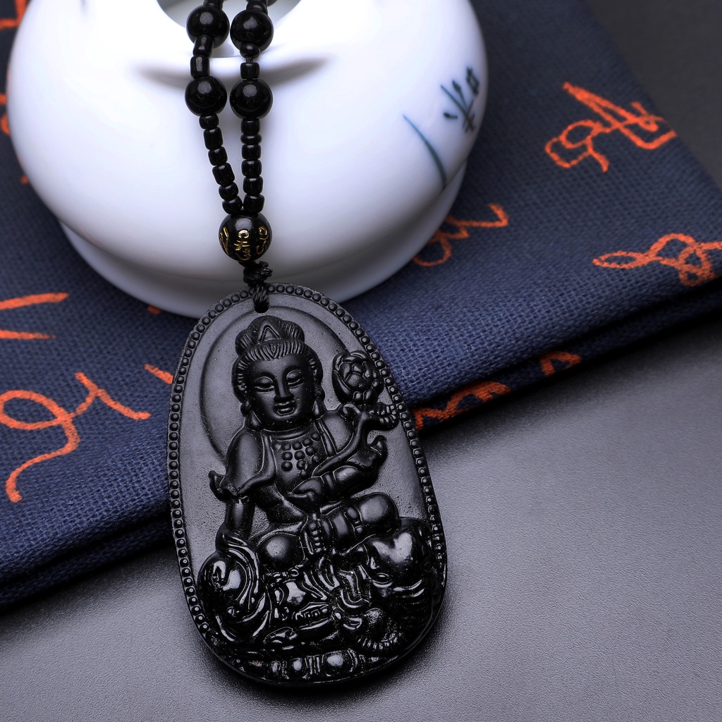 Kalung Liontin Obsidian Imitasi Desain Shio Budha Untuk Priawanita