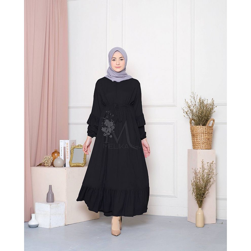 Gamis Wanita Dewasa Bahan Rayon Premium Adem Polos Busui Friendly Ruffle Rempel Kania Hitam Black