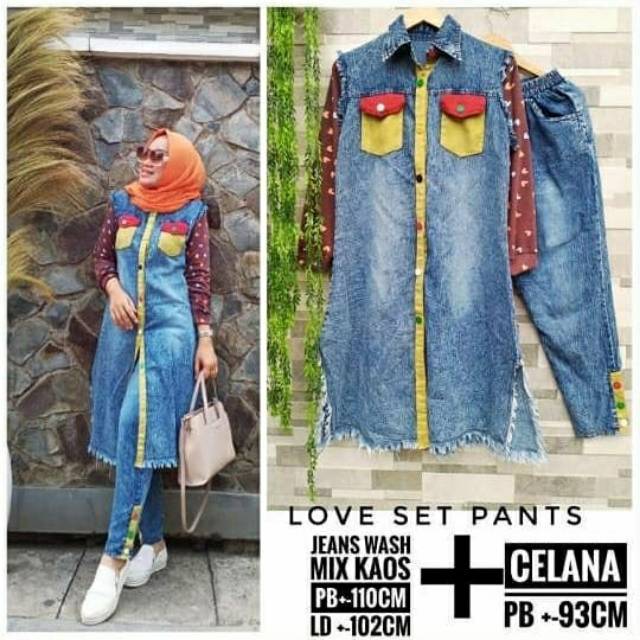 Setelan Tunik Wanita Set Tunik Celana Denim