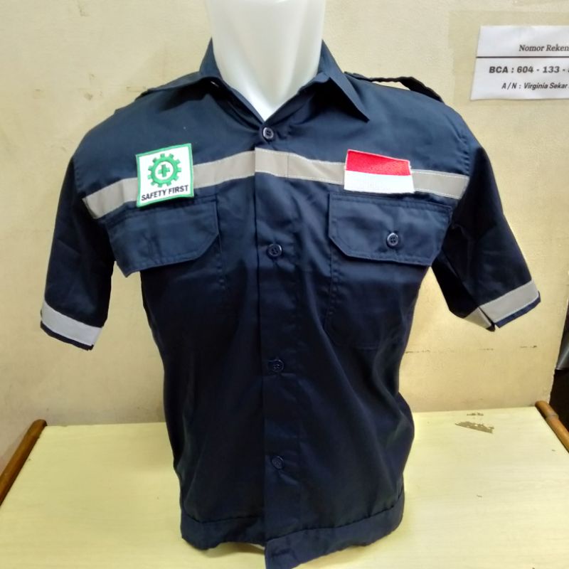 BAJU SAFETY PROYEK DONGKER NAVY ATASAN LENGAN PENDEK KEMEJA PRIA DRILL BERKUALITAS