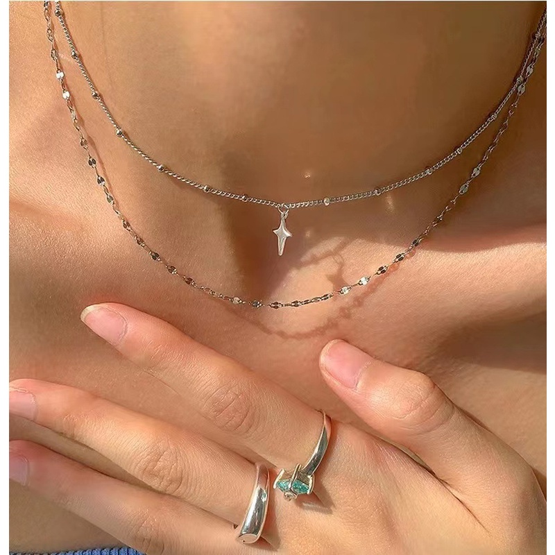 Kalung Rantai Clavicle Pendek Dua Lapis Liontin Salib Keberuntungan Gaya Vintage Untuk Wanita 2022