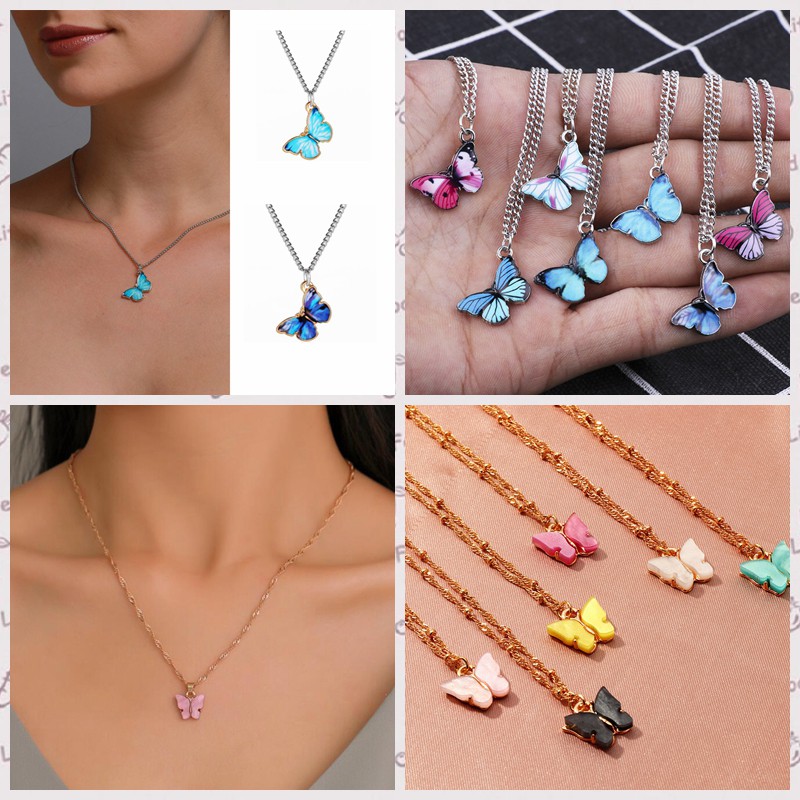 Kalung Rantai Desain Kupu-Kupu Bahan Akrilik Gaya Korea Untuk Wanita Butterfly