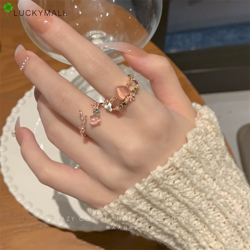 Cincin Model Terbuka Desain Bunga Hati Aksen Mutiara Kristal Bahan Zirkon Warna Pink Untuk Wanita