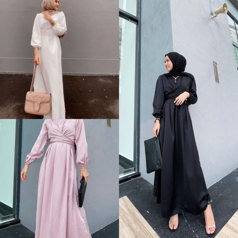 ALMIRA DRESS SATIN SILK POLOS//BAJU PESTA DAN LEBARAN TERBARU TERMURAH