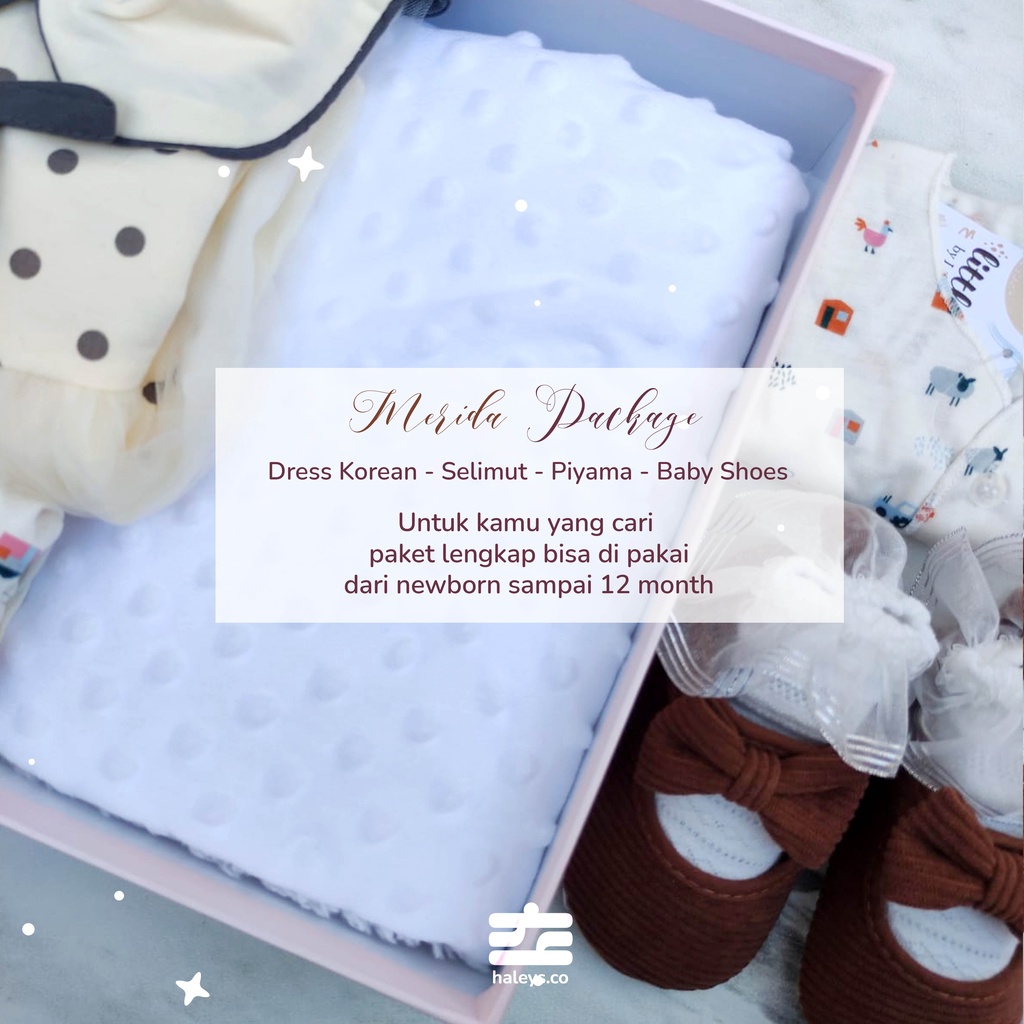 Merida Package Hampers Bayi Perempuan | Kado bayi korean dress lengkap | Baby Gift Box Premium 0-12 bulan | Hampers Baby Girl Boy Haleys.co