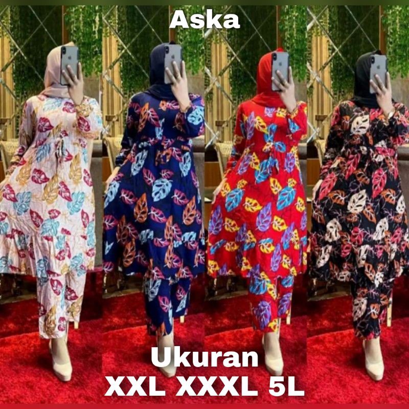 Aska One Set Jumbo Ukuran S M L XL XXL XXXL 5L - Setelan Celana Big Size Janbol Janda Bolong