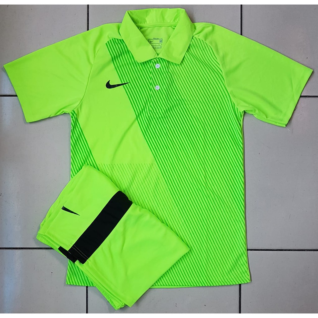 SETELAN FUTSAL DEWASA NIKE DRI-FIT KERAH KANCING JERSEY TIM SEPAK BOLA HIJAU NEON STABILO [KNK-104]