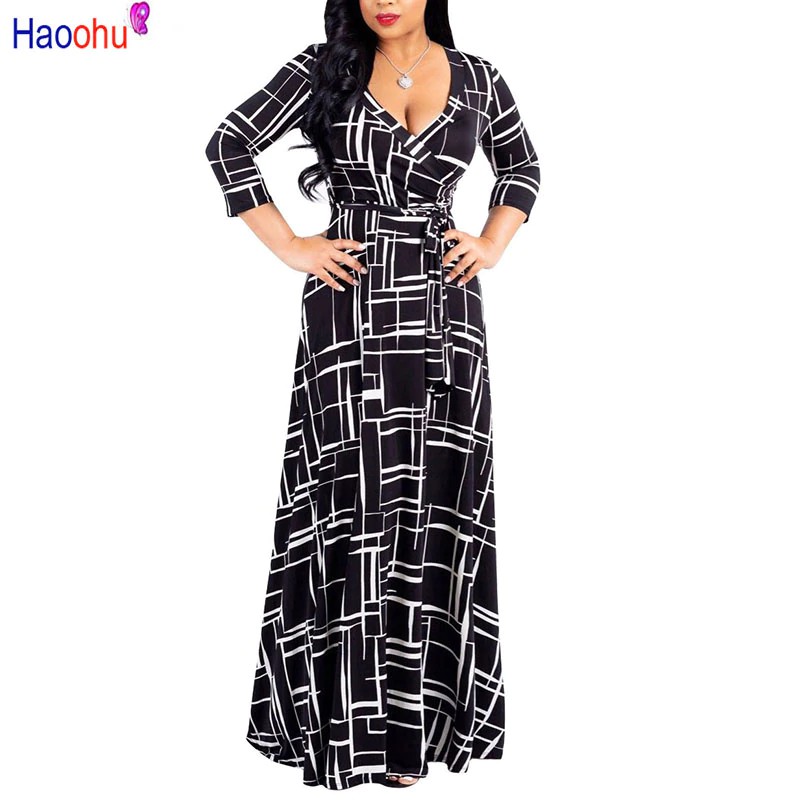 DISKON HAOOHU Plus Size black Bohemian Long Dress  Women Autumn Winter Tunic Maxi Beach Dress gold
