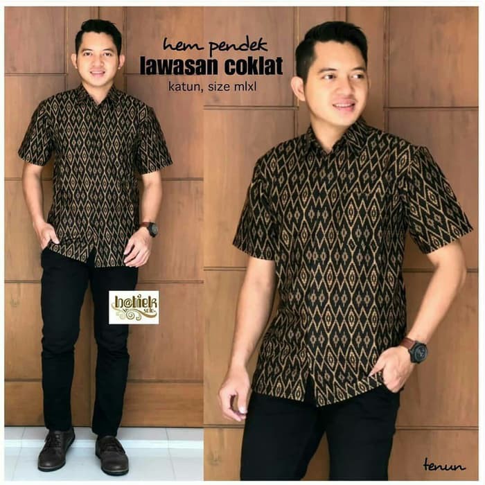 KEMEJA BATIK PRIA LENGAN PENDEK BATIK LAWASAN COKLAT TENUN BAJU ATASAN