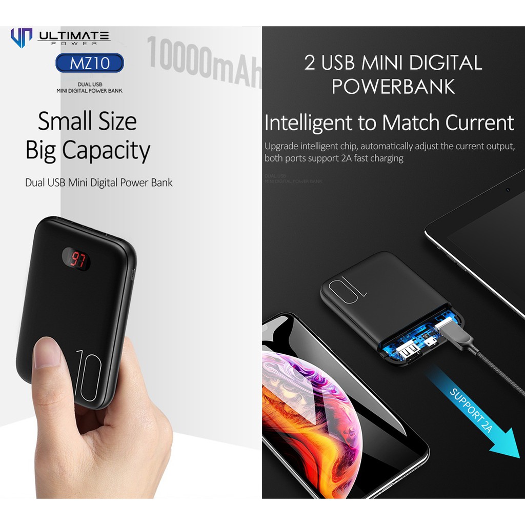 Power bank Mini 10000mAh Ultimate 10000mAh Dual USB Mini Digital MZ10 Original100%