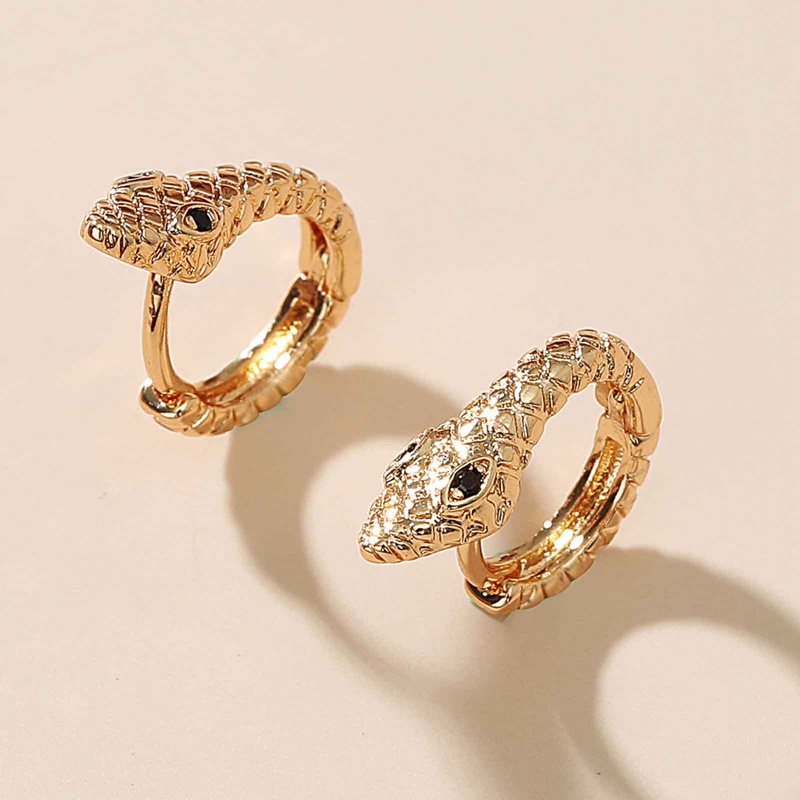 Anting Hoop Desain Ular Kecil Warna Silver Bahan Zirkon Hitam Gaya Punk Untuk Wanita
