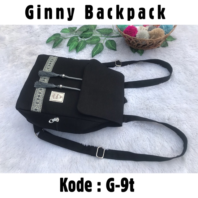 Ginny Backpack kode G9t Hitam Renda Abu Tas Kanvas Canvas Serut Polos Sekolah Ransel Kerja muat notebook 10,6 inchi Aesthetic