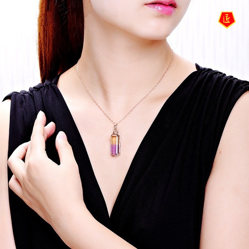 [Ready Stock]European and American Colored Gemstone Pendant Ametrine Necklace Women's Luxury Fashion